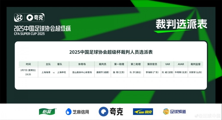  超級杯海港vs申花裁判員名單：主裁判唐順齊，VAR劉威