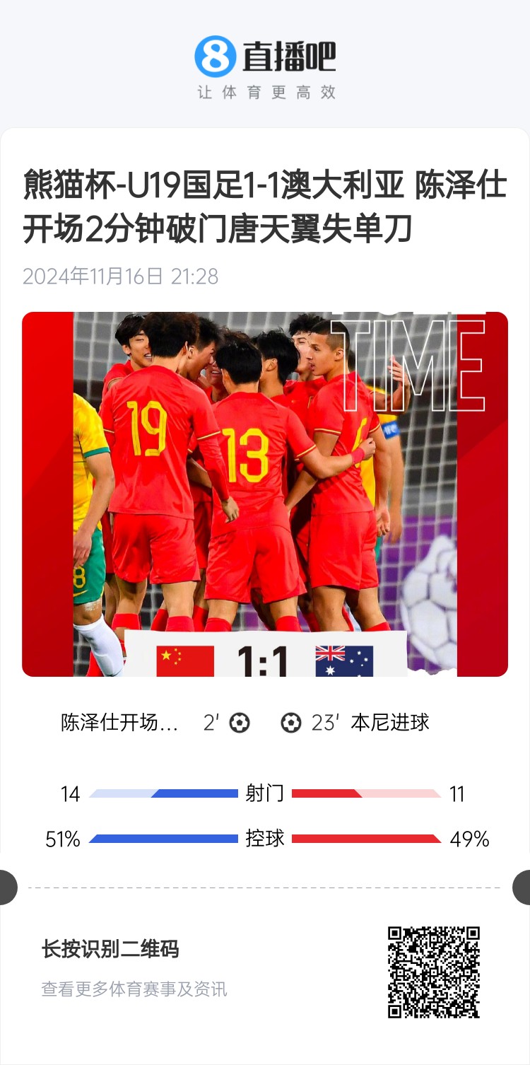  二番戰(zhàn)！U20國青與澳大利亞去年熊貓杯剛有過交手，雙方1-1戰(zhàn)平