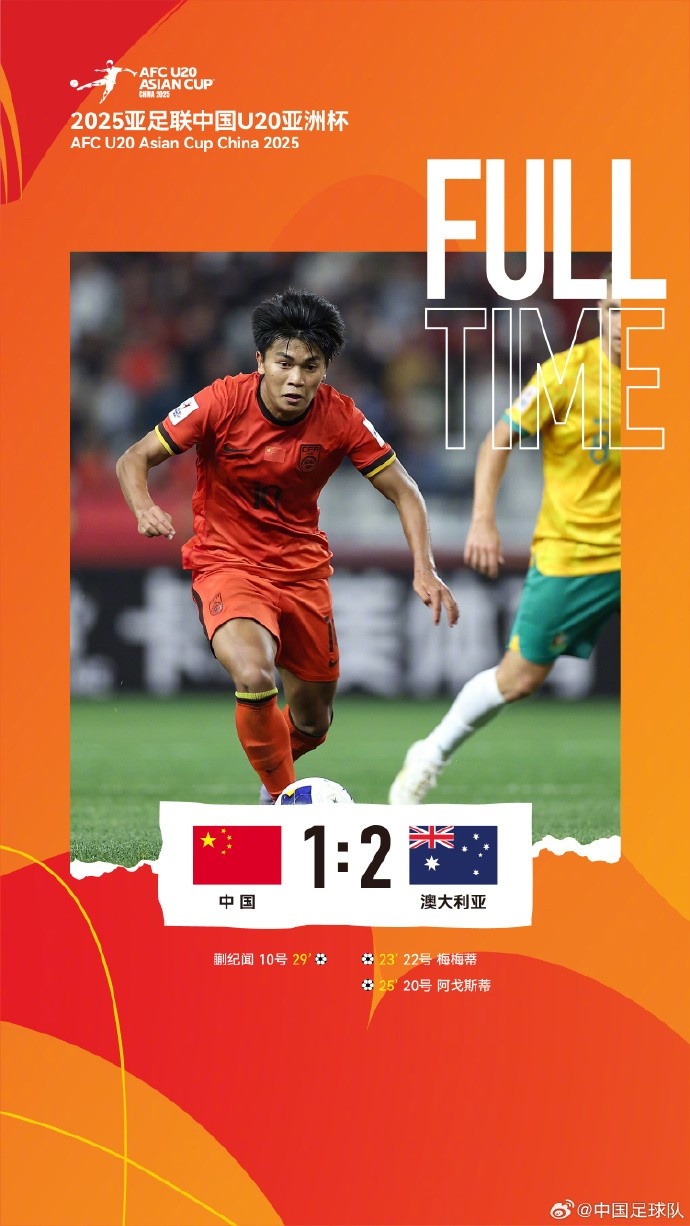  U20亞洲杯小組賽A組第三輪，中國隊1比2負(fù)于澳大利亞隊