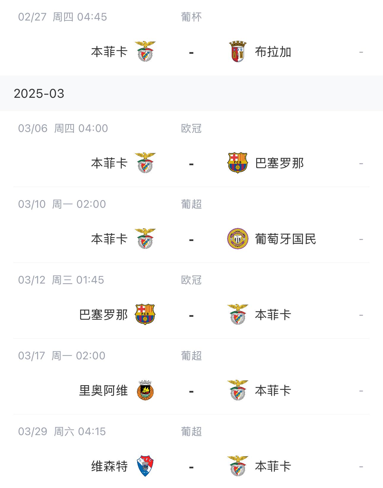  讓路歐冠！本菲卡戰(zhàn)巴薩首回合比賽前的葡超比賽推遲進(jìn)行