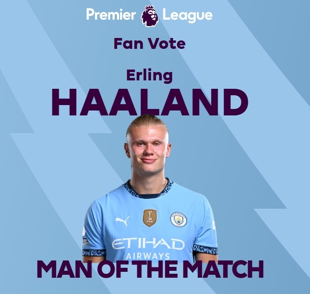  打進(jìn)致勝球！英超官方：哈蘭德當(dāng)選曼城1-0熱刺全場最佳球員