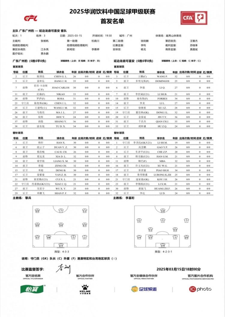  廣州豹vs延邊龍鼎首發(fā)：卡洛斯、羅薩、尼康三外援領(lǐng)銜廣州豹