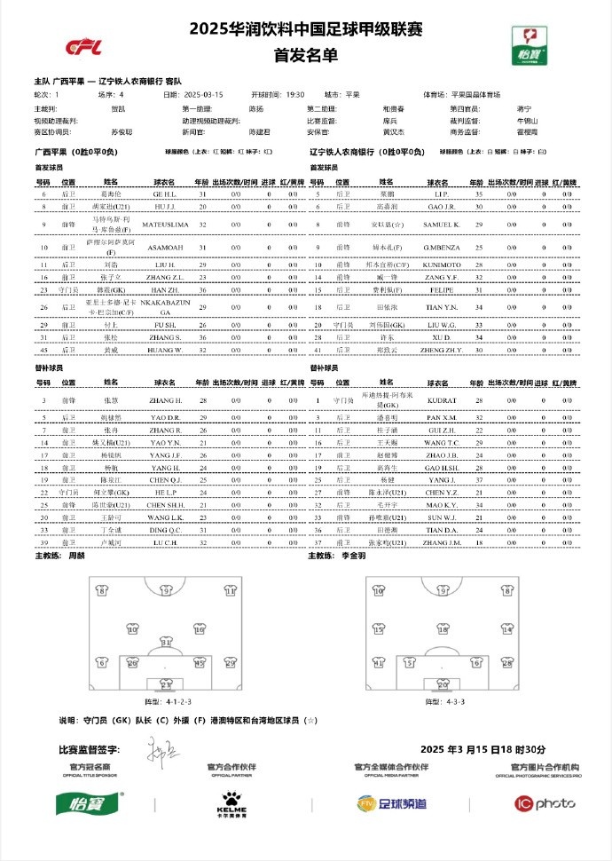  中甲-廣西平果vs遼寧鐵人首發(fā)：三外援對決三外援，安以恩出戰(zhàn)