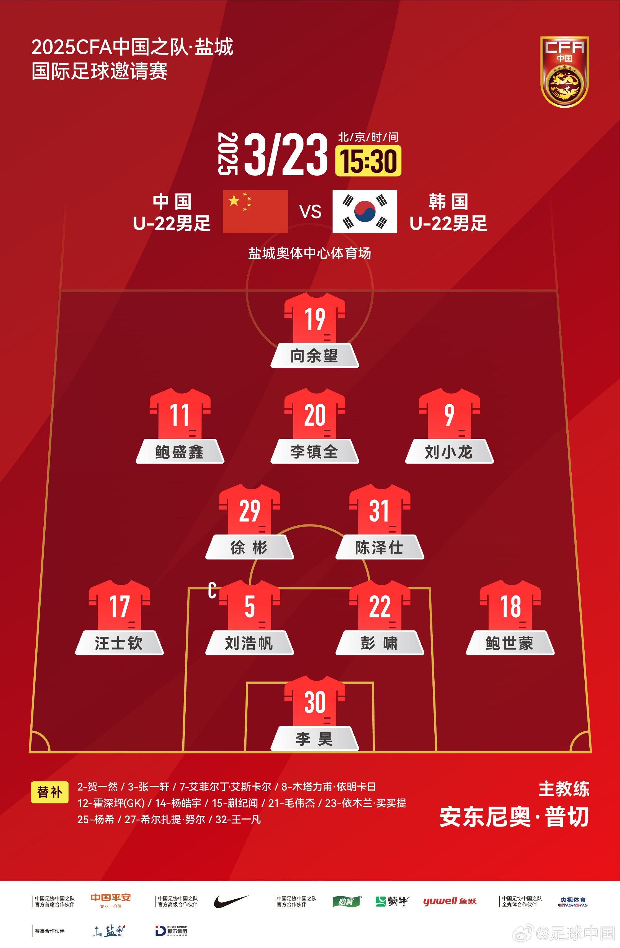  鹽城四國賽，中國U-22男足對(duì)陣韓國U-22男足，中國隊(duì)首發(fā)陣容