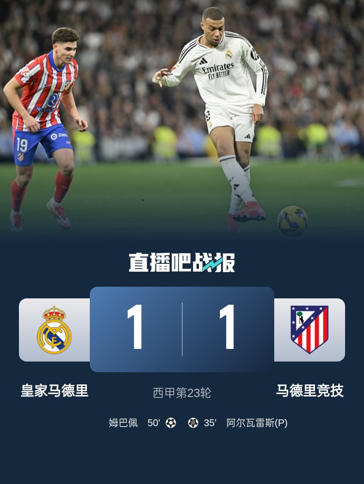  4平1負(fù)！皇馬聯(lián)賽對(duì)馬競(jìng)已5場(chǎng)不勝，4次戰(zhàn)成1-1